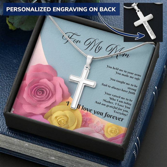 Personalized Engraved Cross Necklace - Pink & Yellow Roses - 247Wish4You