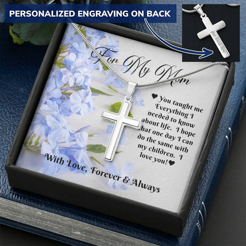 Personalized Engraved Cross Necklace - Blue Flowers - 247Wish4You